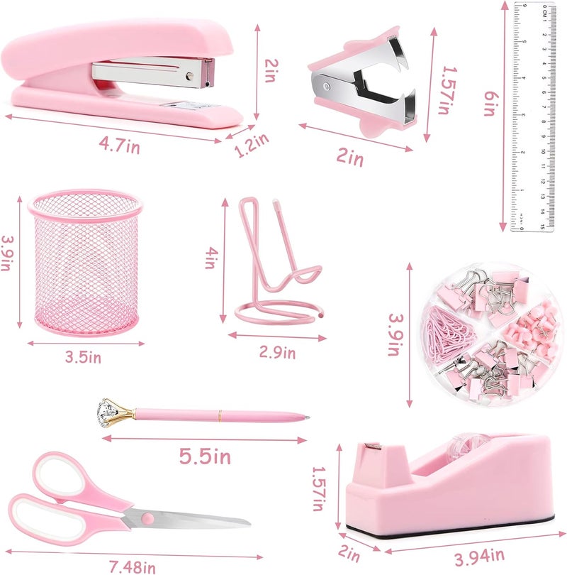 Famassi Pink Office Supplies, Pink Desk Accessories, Stapler, Staple Remover, Tape Holder, Pen Holder, Ballpoint Pen, Scissor, Binder Clips, 1000pcs Staples, Phone Holder, Ruler, Transparent Glue and Notes - Image 2